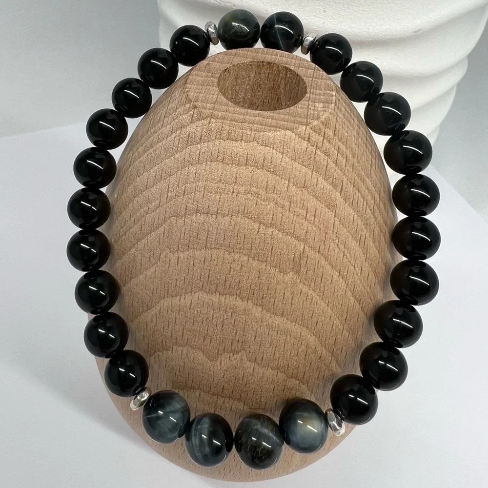 BLUE Tiger Eye & Onyx Beaded Bracelet